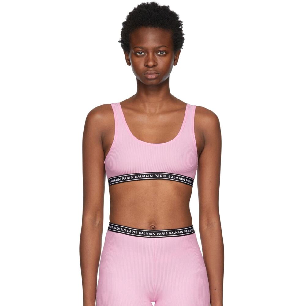Balmain Logo Tape Scoop Neck Rib Knit Sports Bra Baby Pink Women's Size 34